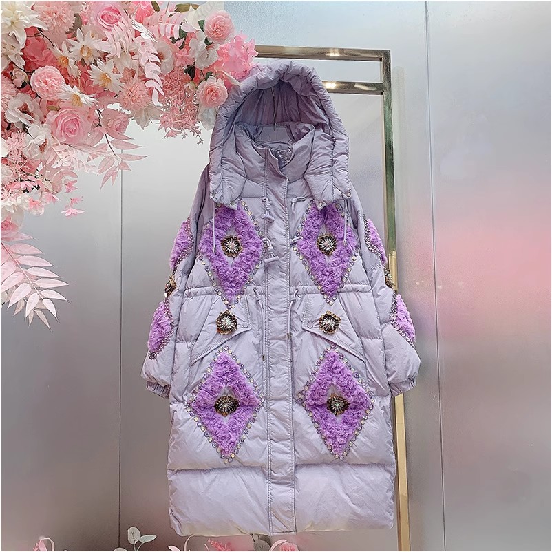 HH6984欧美设计师2025秋冬季新款重工钉钻拼皮毛凌格连帽羽绒外套