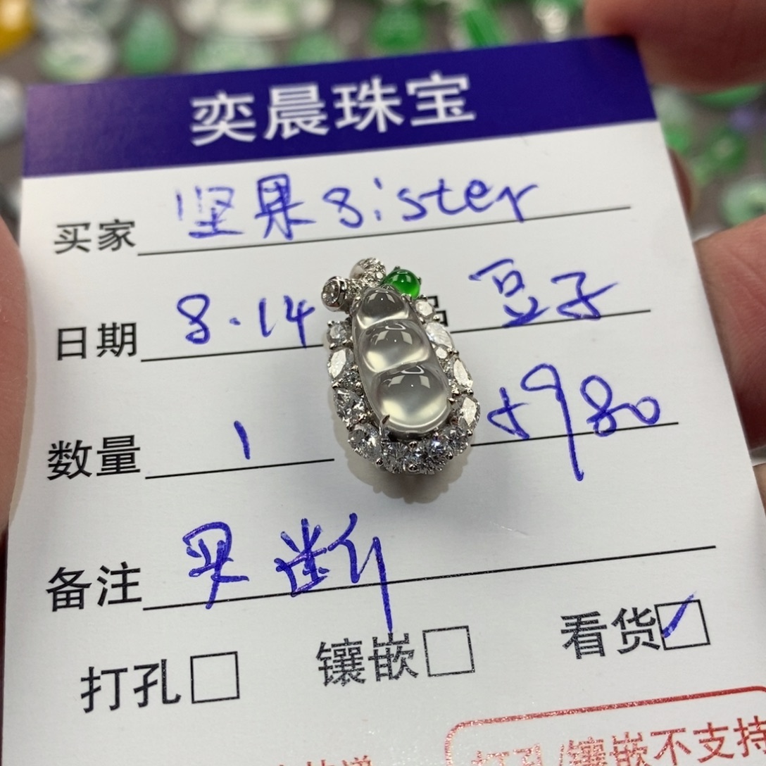 坚***r翡翠18K金镶嵌颈饰豆子