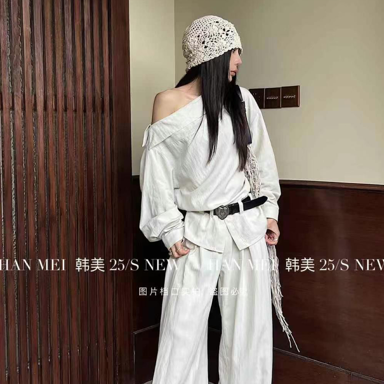 秋季韩版设计感斜肩上衣搭配高腰直筒阔腿拖地裤休闲套装