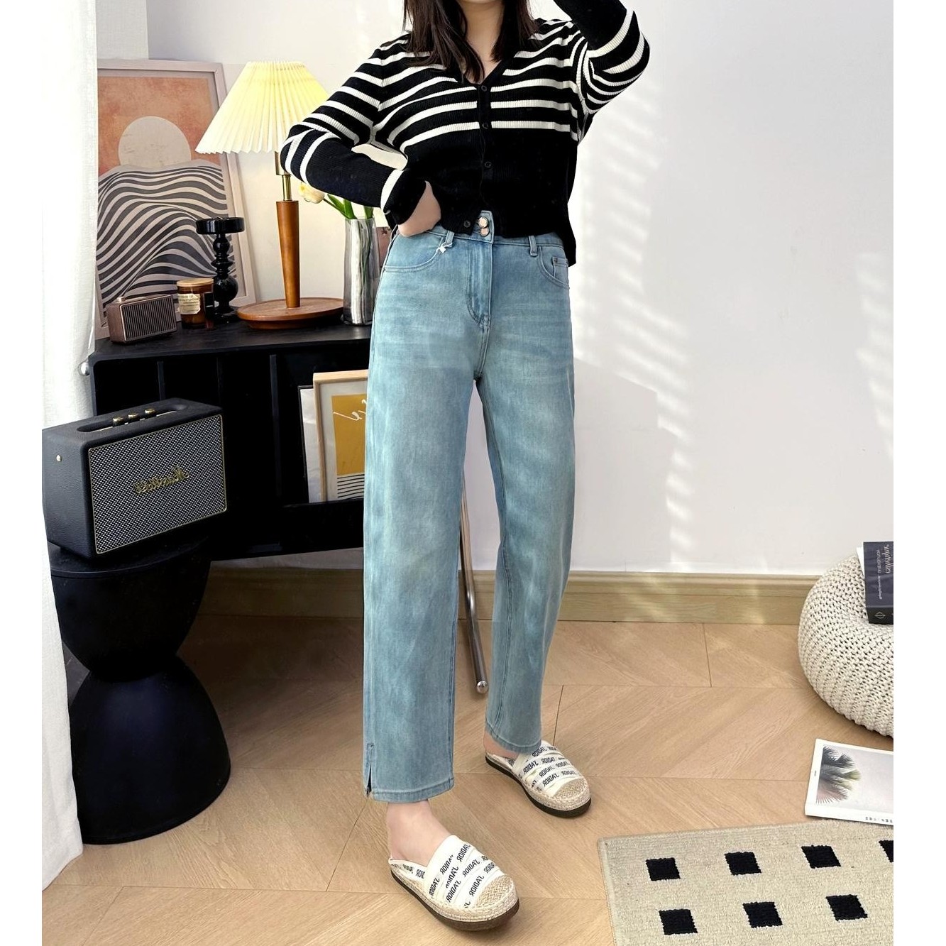 莱赛尔天丝牛仔裤女秋季新款梨形身材胖mm宽松显瘦开叉烟管裤8828