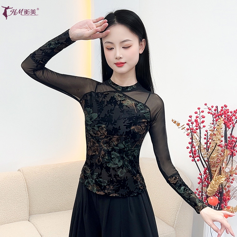 新款复古印花半透圆领拼接古典舞练功服女现代舞形体演出服装长袖