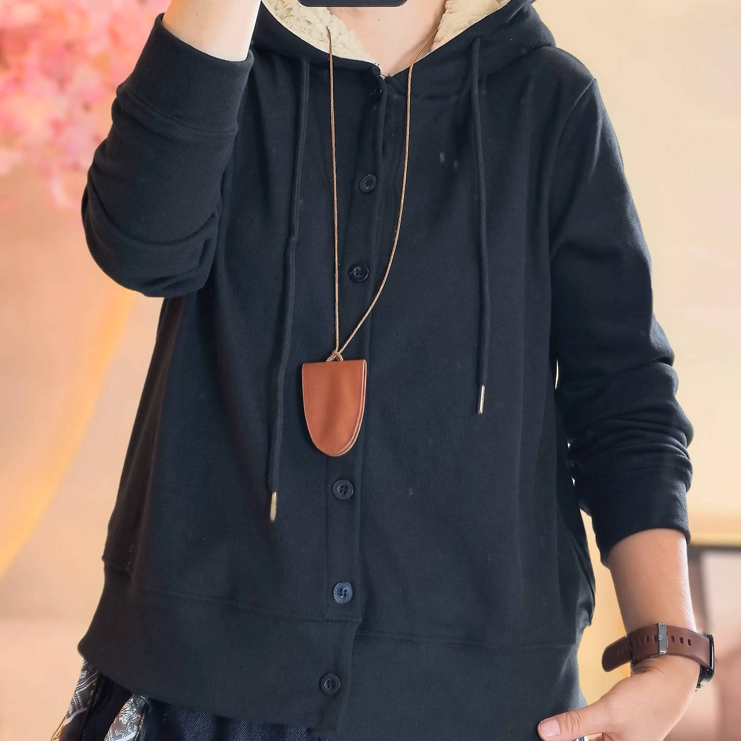 18612新款冬季加绒百搭时尚显瘦内搭打底连帽卫衣