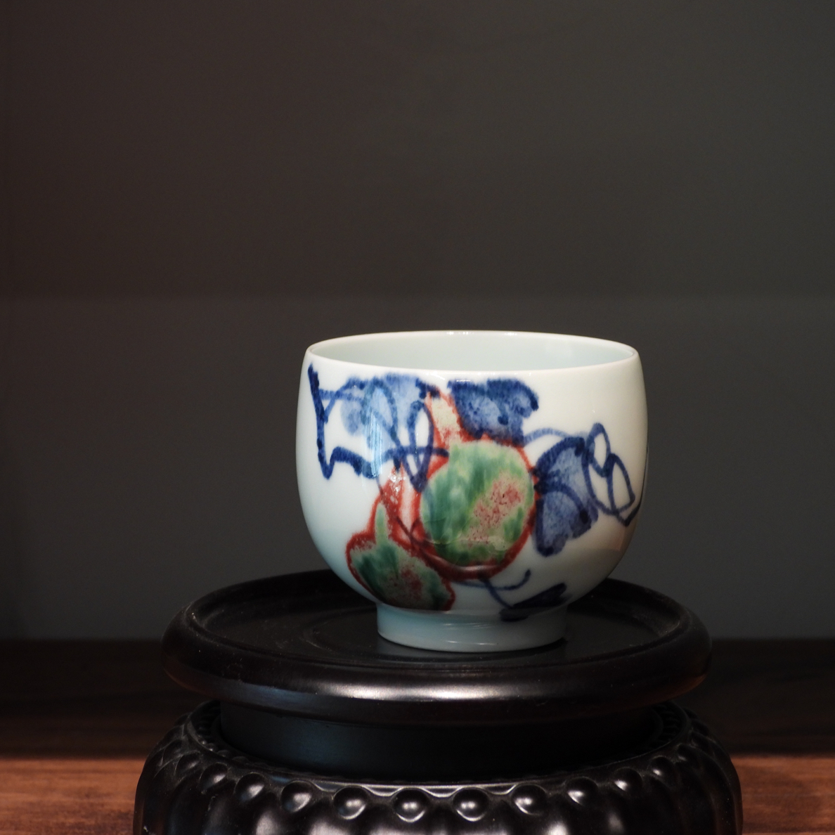 易炎窑原创手工手绘气窑高温原矿青花釉里红禅定杯大号主人杯品茗