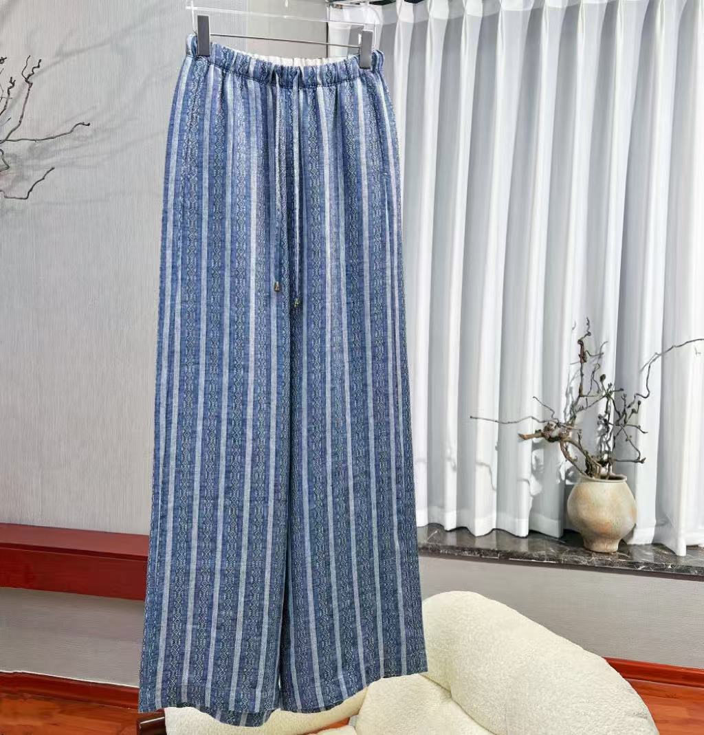 秀场款顶奢北欧亚麻提花直筒裤弹力松紧腰夏季休闲长裤显瘦条纹