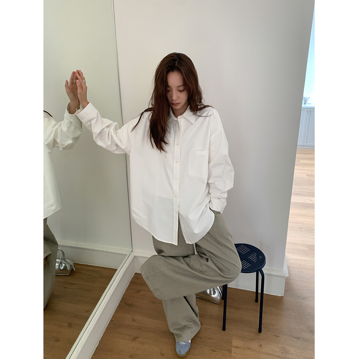 SIXI四喜家 至简主义 棉感牛津布白色衬衫女秋宽松廓形长袖衬衣