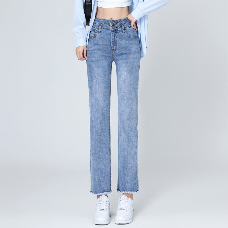 浅蓝色高腰直筒牛仔裤女九分裤秋季2025新款显瘦弹力双排扣烟管裤
