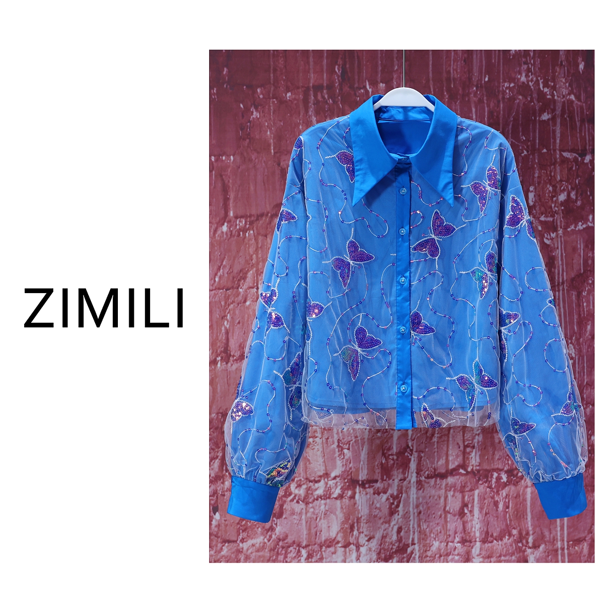 【韩哥女装】2025《蝶吟》轻奢松石蓝立裁假两件拼接短款衬衫/6596