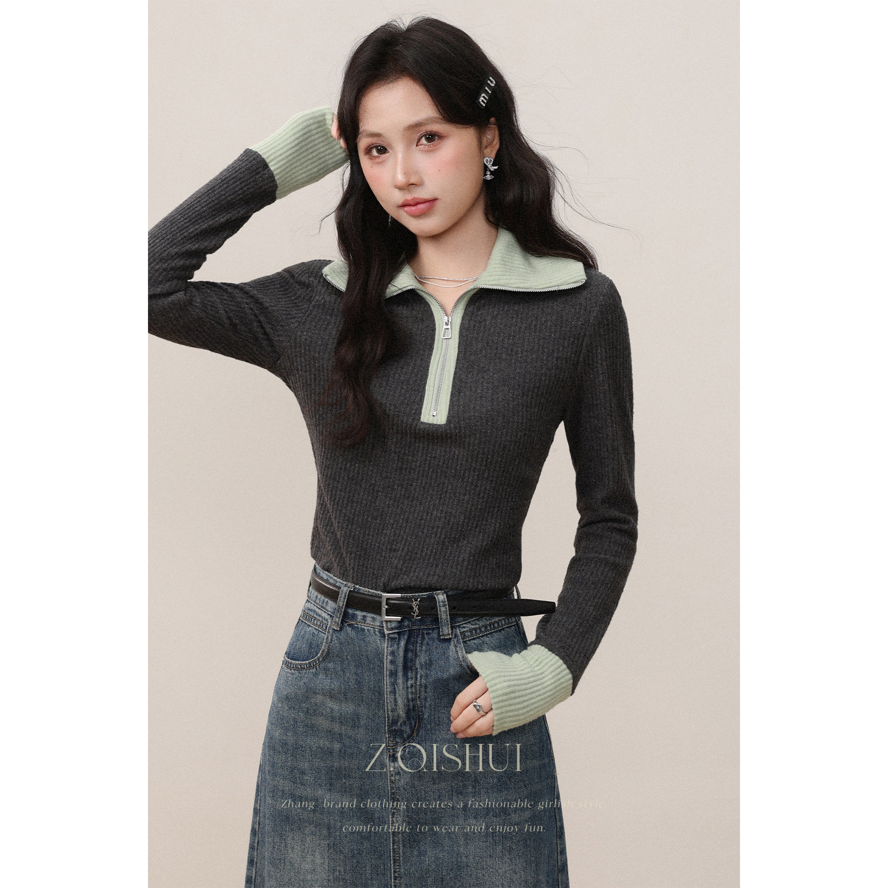 张汽水灰色针织衫打底衫女撞色翻领半拉链修身长袖上衣Z17314