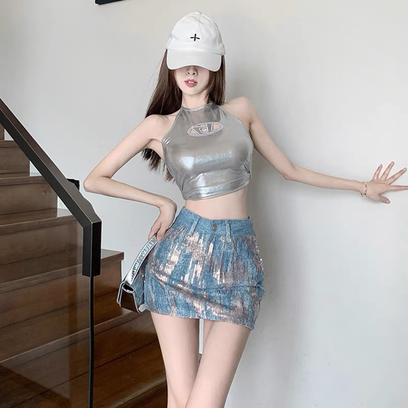 001-007亮片牛仔短裙高腰a字包臀裙甜辣妹半身裙设计感小众女夏