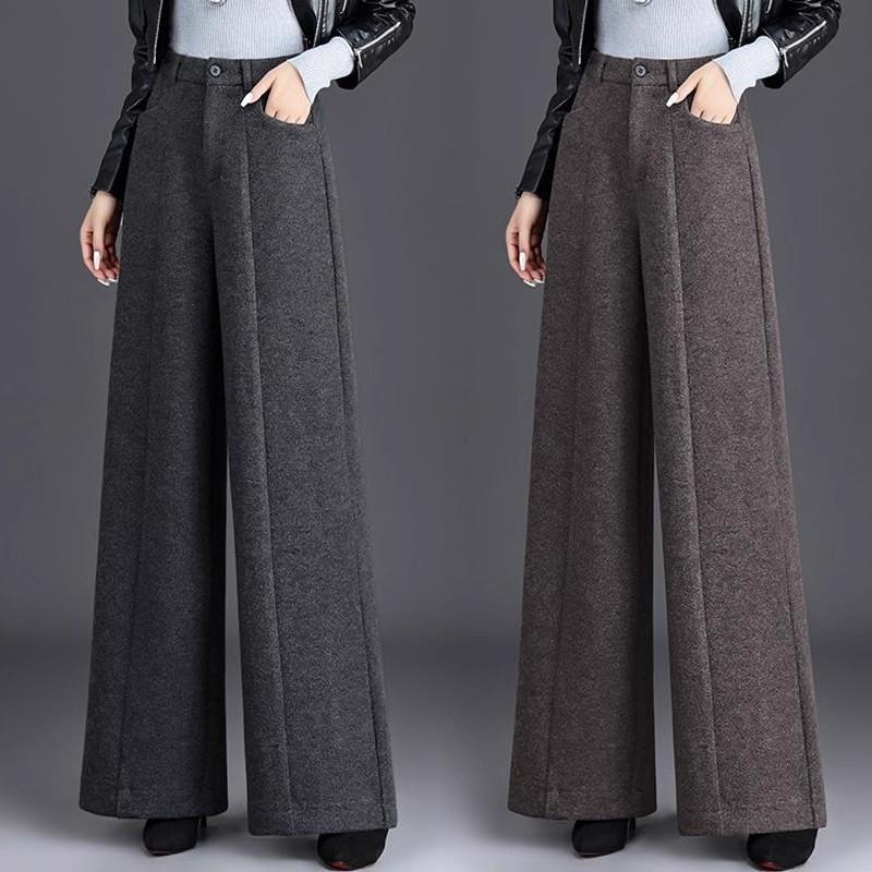 时尚高腰毛呢阔腿裤女2025秋冬新款垂感宽松百搭直筒长裤加厚裤子