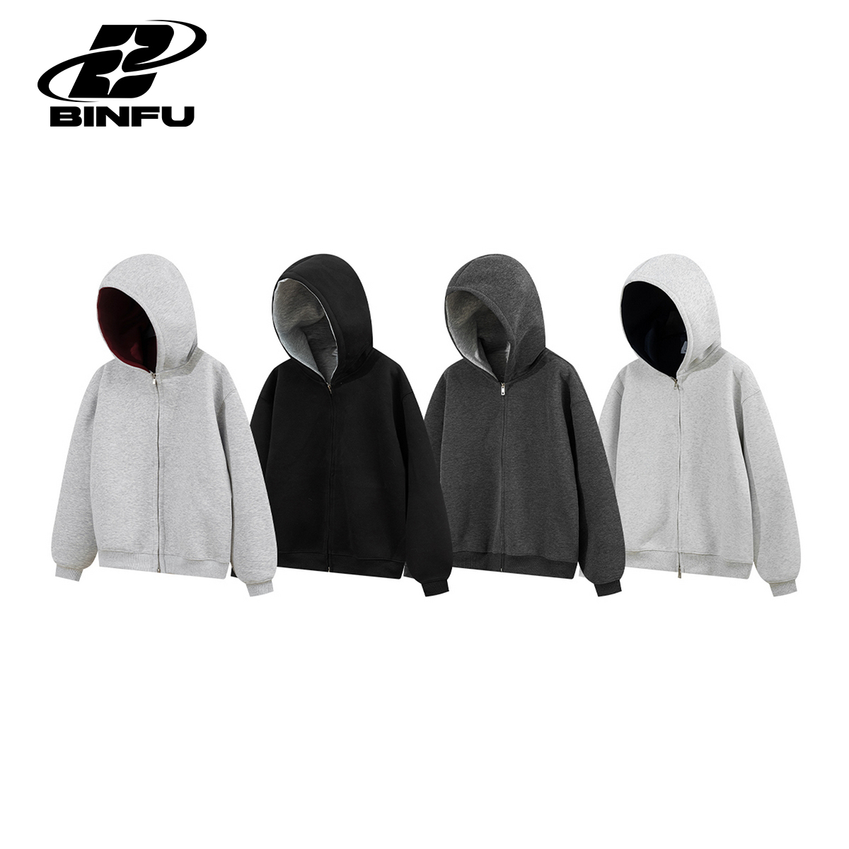 秋冬款 情侣装撞色连帽宽松重磅男女同款基础百搭拉链卫衣外套