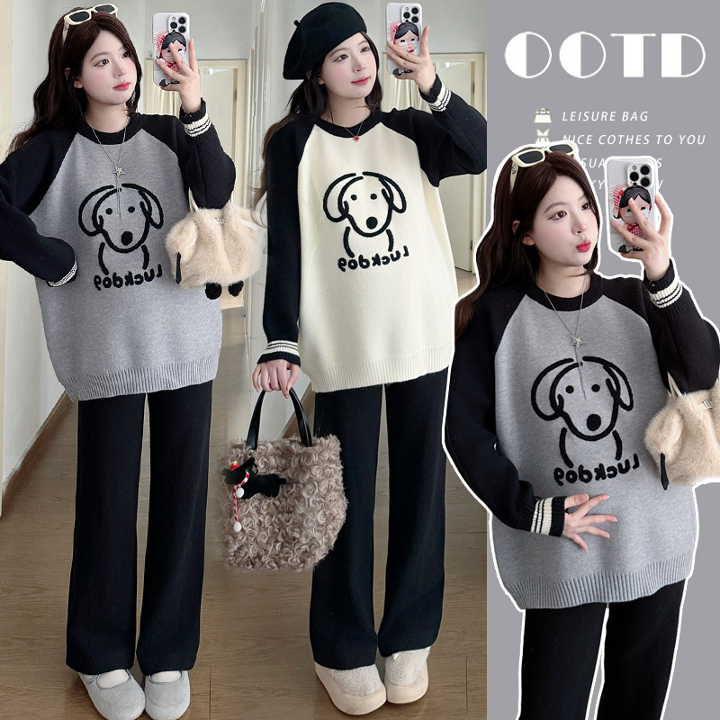 孕妇毛衣秋冬季2025韩系趣味小狗撞色毛衣孕妈打底长袖上衣