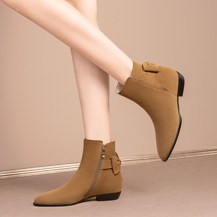 760真皮反绒皮西部牛仔靴蝴蝶结尖头矮跟短靴H3011