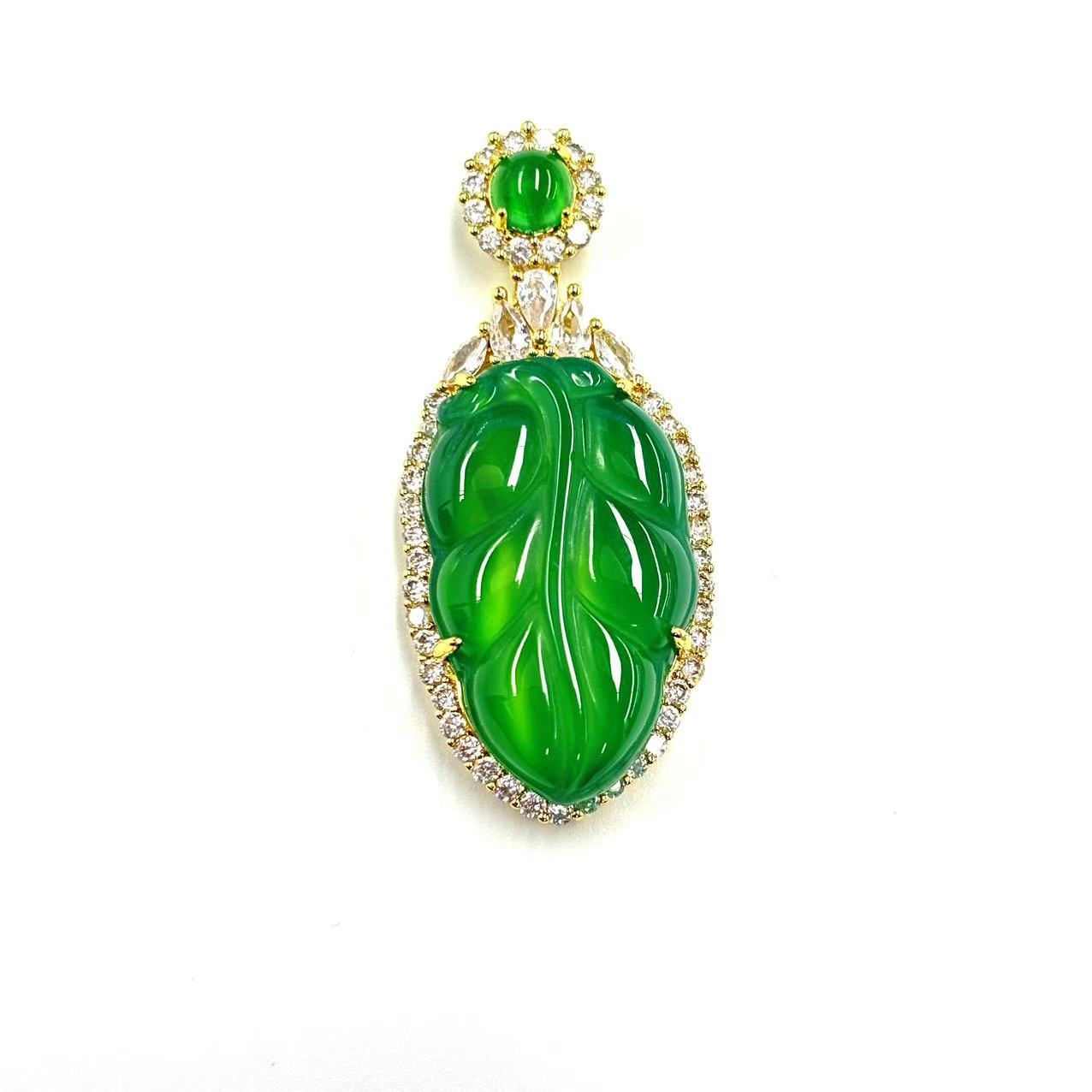 【符老板】y2532-国风气质款翠青金宝绿玛瑙叶子吊坠-赠礼盒-赠链