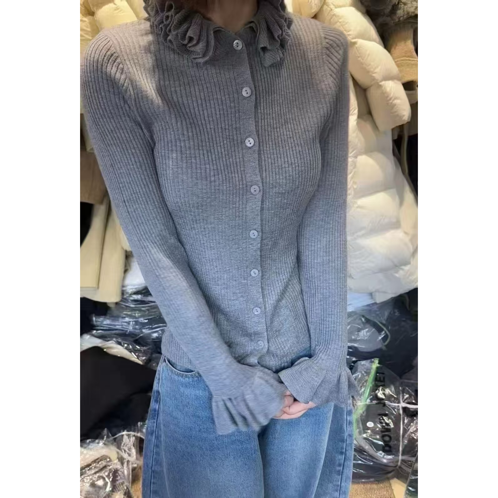 喜糖 福（1xt2292#）木耳花边- 坑条单排扣长袖针织衫12-26