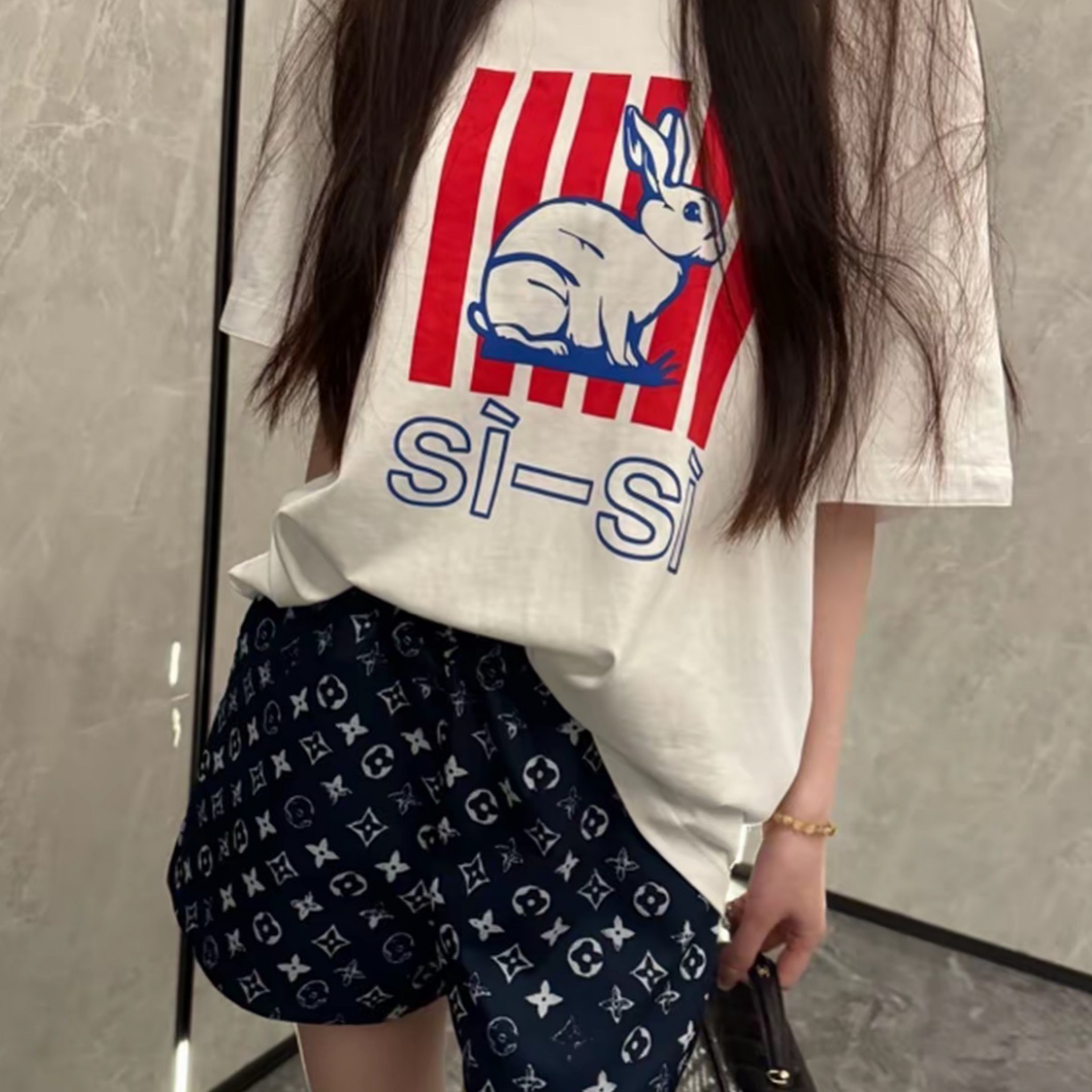 【Meng服饰】白兔印花宽松短袖T恤女纯棉亲肤百搭休闲上衣+短裤