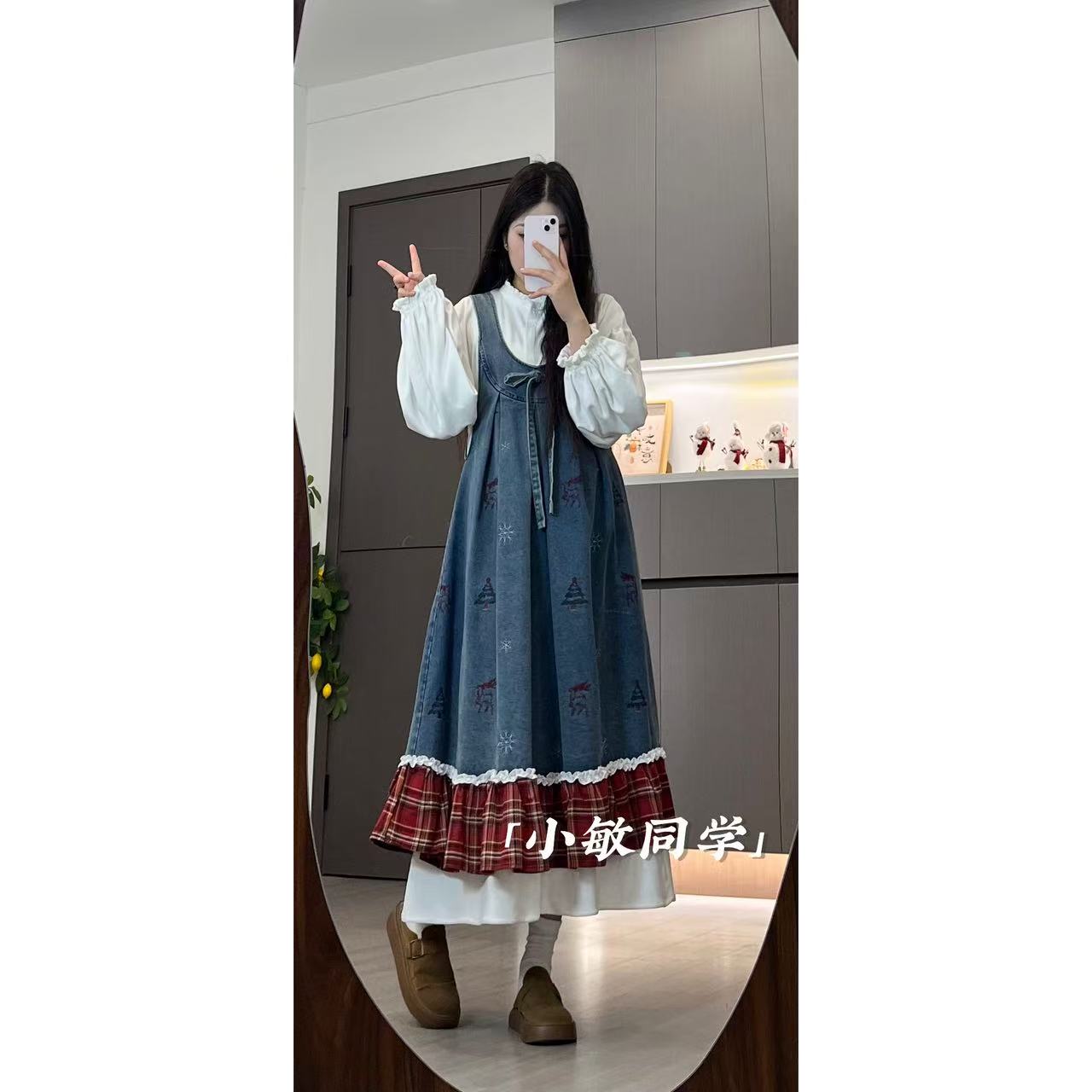 圣诞季氛围感小清新浅色牛仔手工刺绣宽松搭配4463 2535