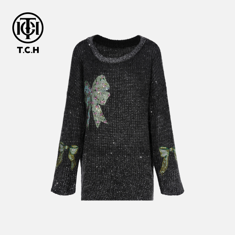 TCH私服秋款慵懒风烫钻时尚淑女灰色针织衫女T75C09E5117轻奢tch
