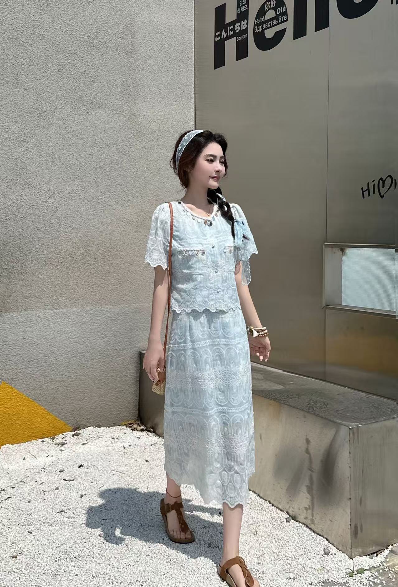 2575#2025新款时尚洋气短袖上衣半身裙两件套套装