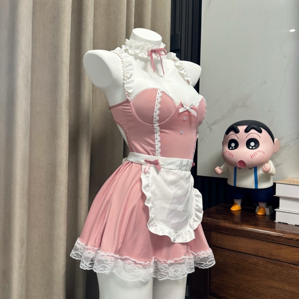 纯欲风带胸垫女仆吊带睡裙青春可爱发箍粉色裙洛丽塔软妹蕾丝甜美
