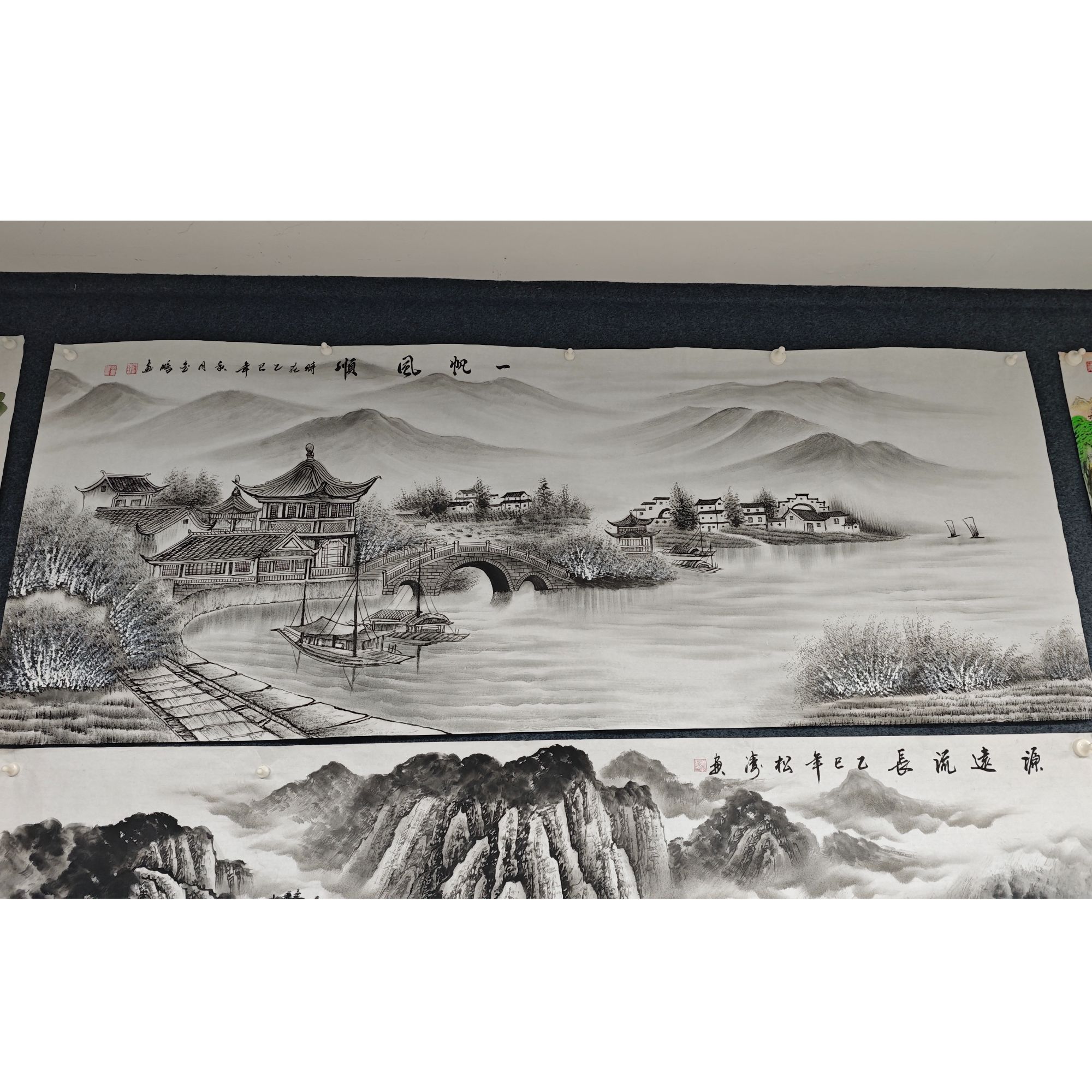 小六尺横幅手绘国画精品素雅水墨一帆风顺群山流水山水画宣纸画芯