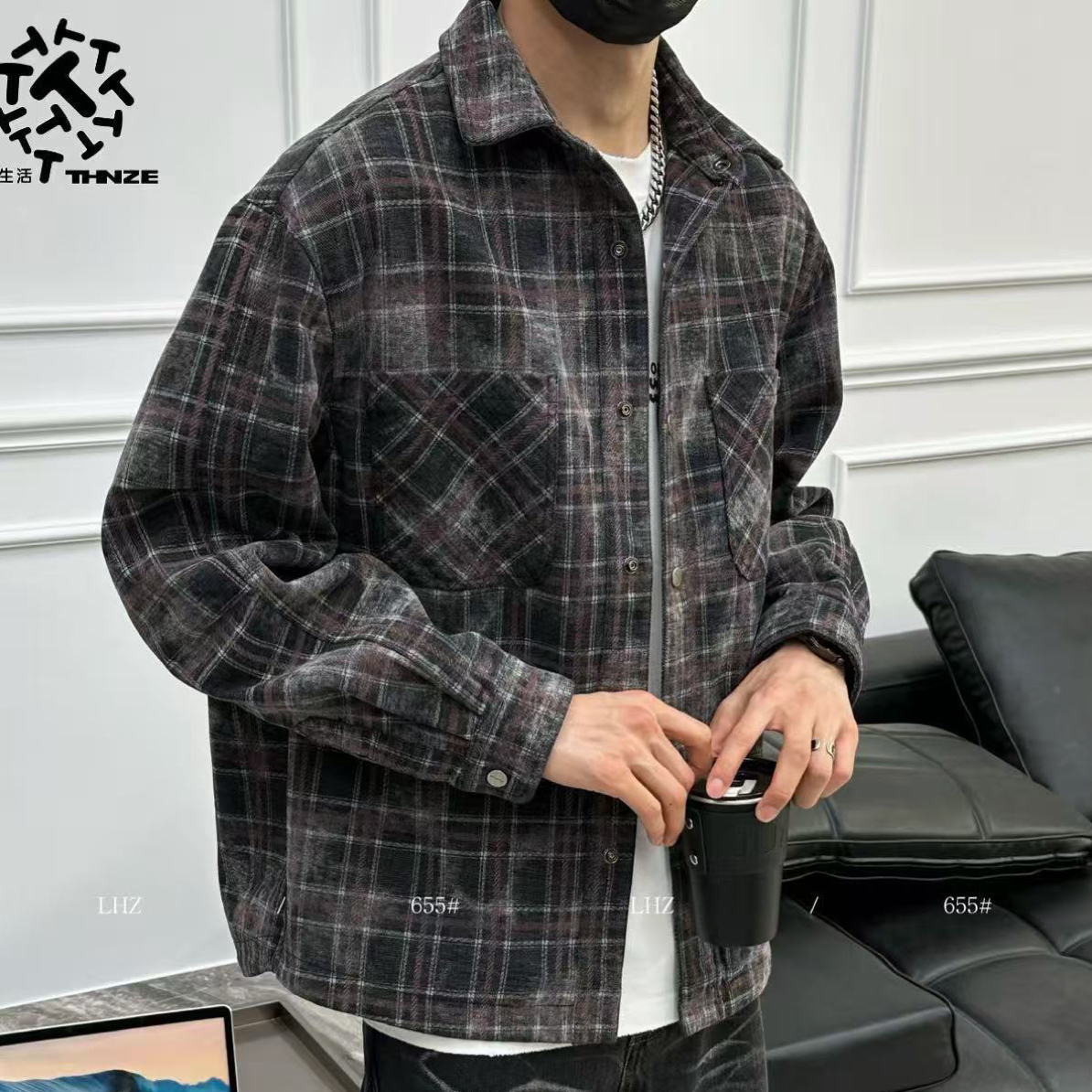 含辰生活复古洗水格子男士秋季休闲衬衫外套225655