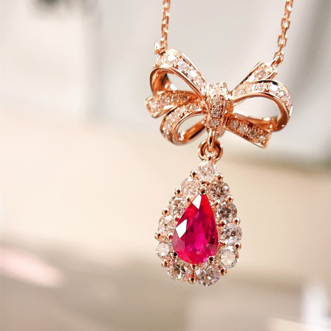 红宝石项链/0.44ct天然无烧红宝石18K金钻石附GRC证#GB