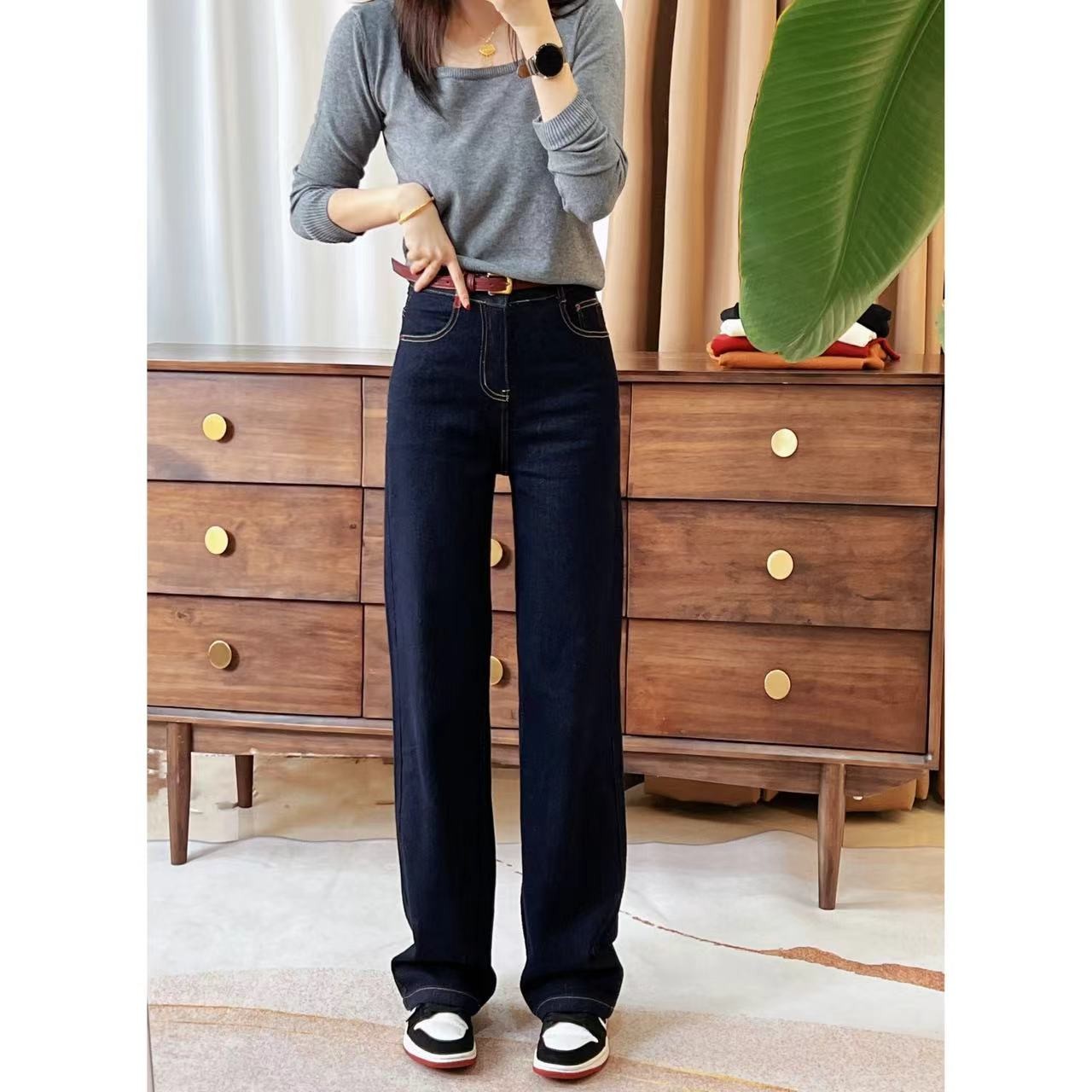 悠悠~【红格标直筒】2025秋季时尚高腰窄版直筒裤显瘦牛仔裤女1382