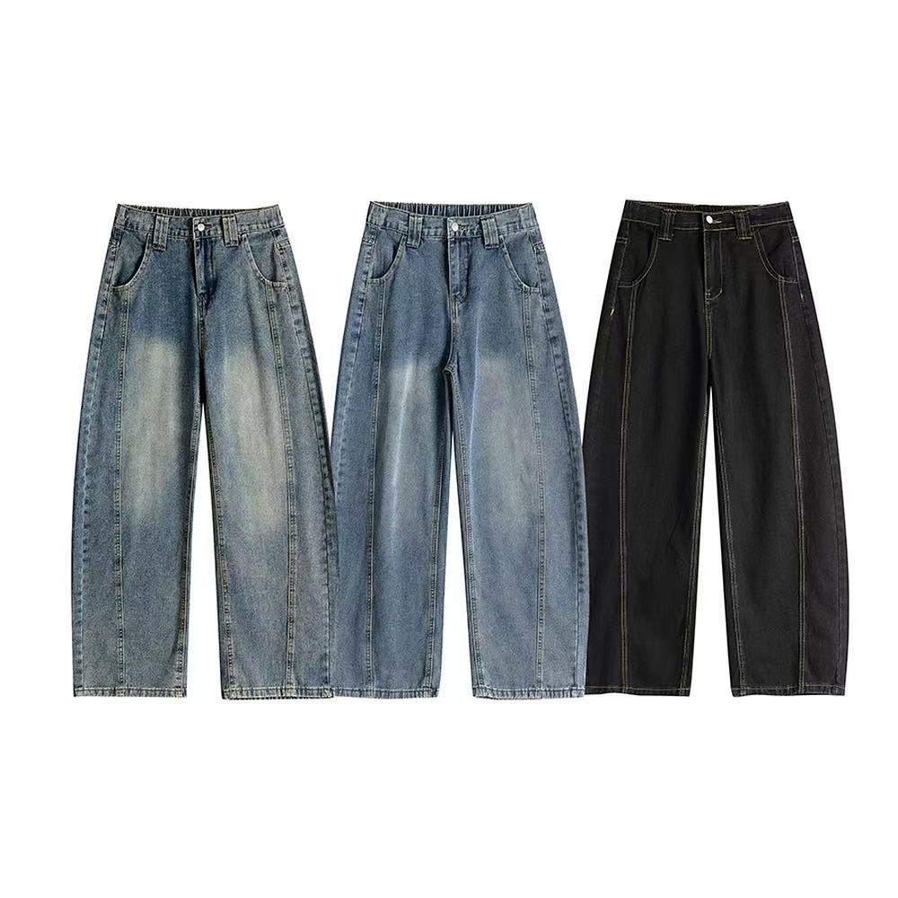 秋季新款美式高街潮牌阔腿弯刀牛仔裤男生宽松直筒拖地长裤子-325