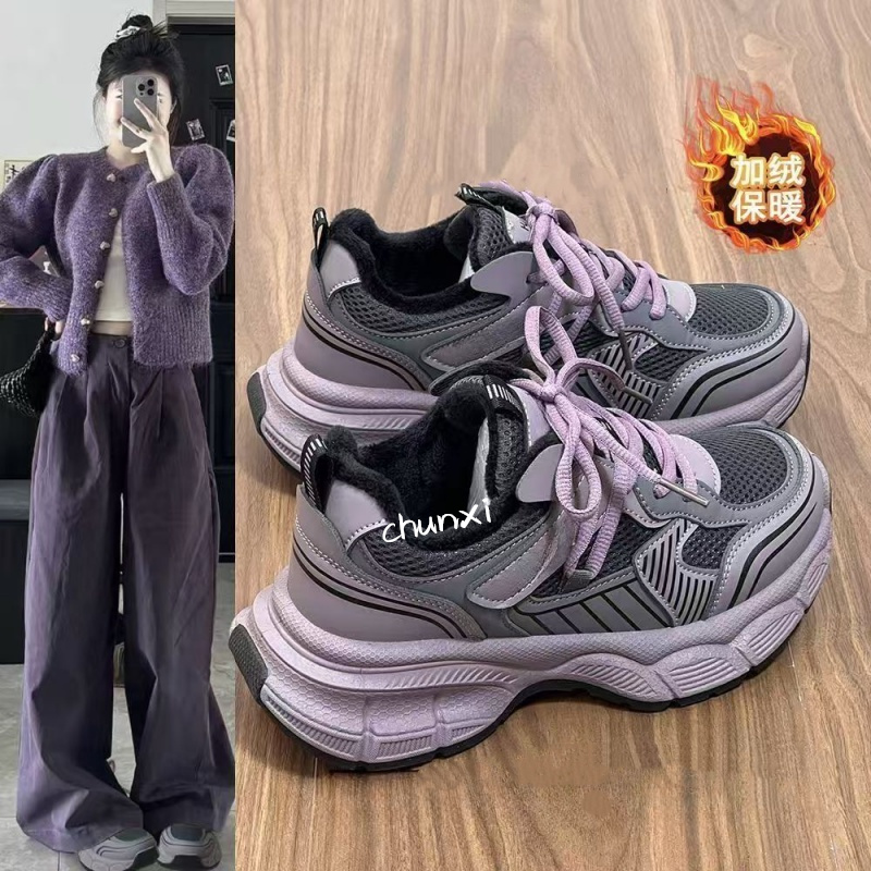 加绒爆款老爹鞋女2025冬季新款百搭学生保暖棉鞋厚底运动休闲板鞋
