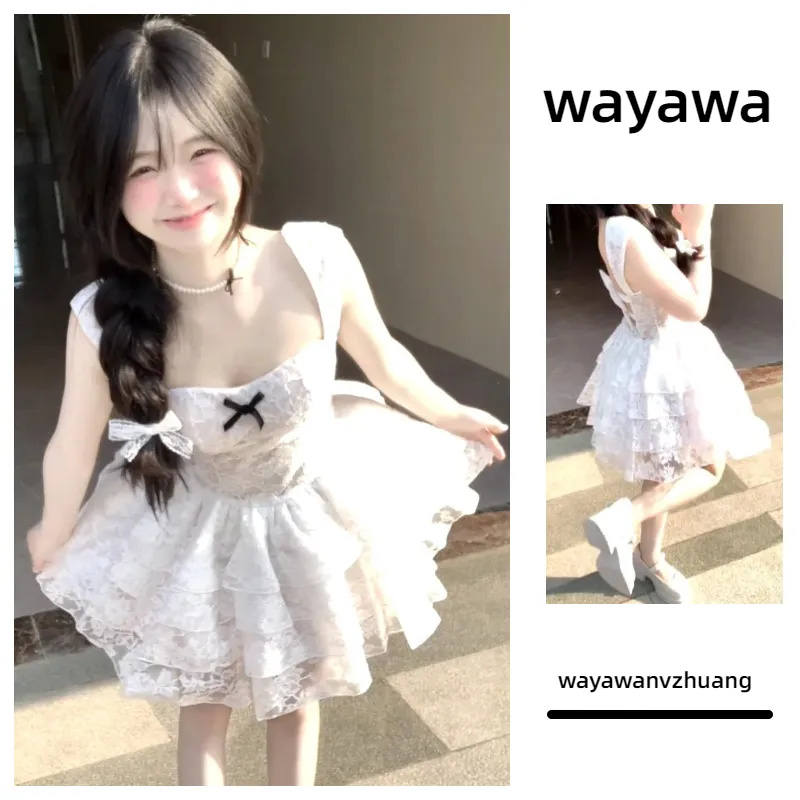 【疯批公主】短裙女2024夏纯欲初恋少女感蕾丝白色蓬蓬蛋糕连衣裙