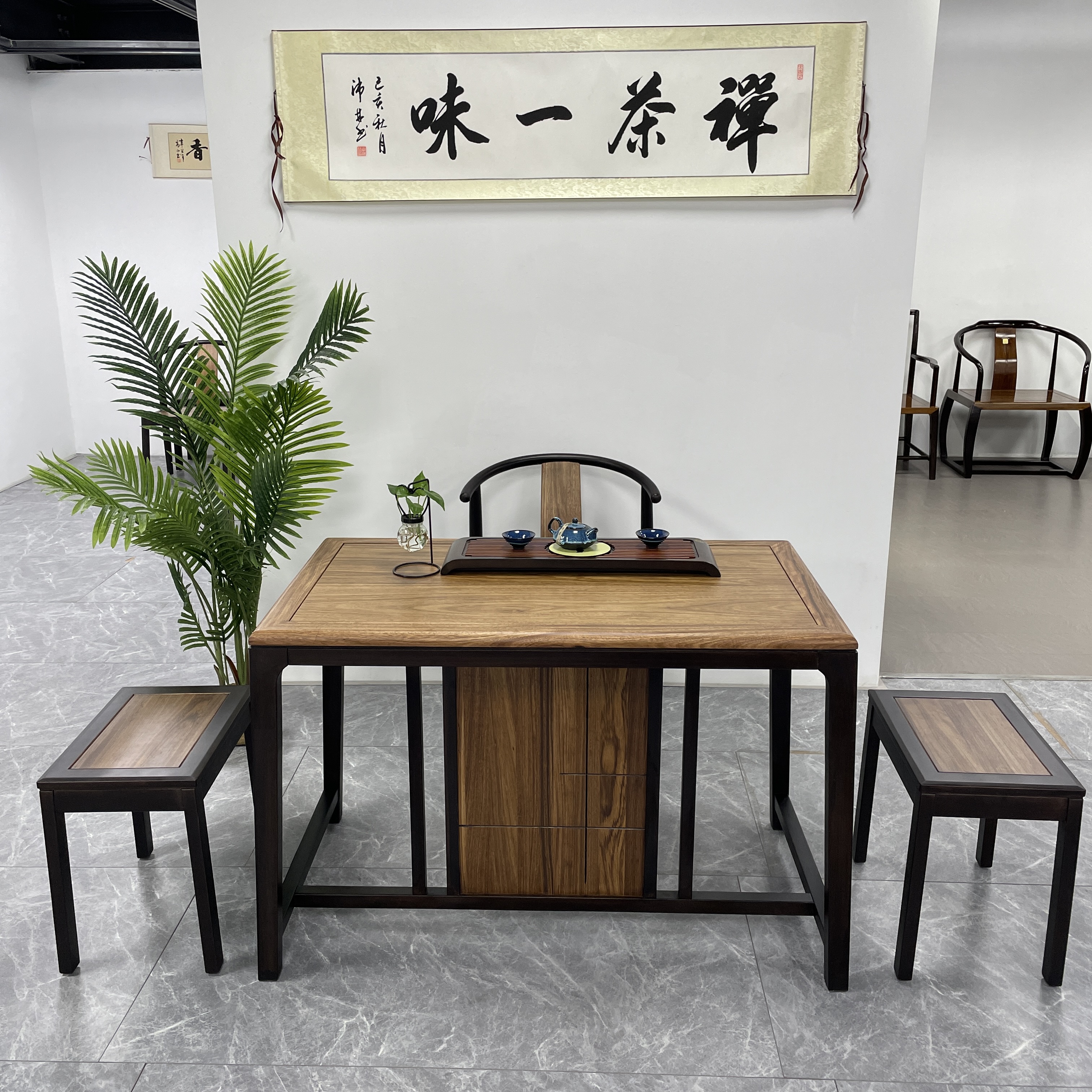 新中式乌金木简约家用干泡茶桌椅组合客厅阳台小茶台 锦绣