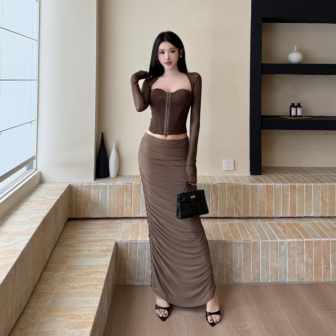 INSTUNNING【带胸垫】复古性感鱼骨上衣套装裙辣妹碎褶网纱套装裙 