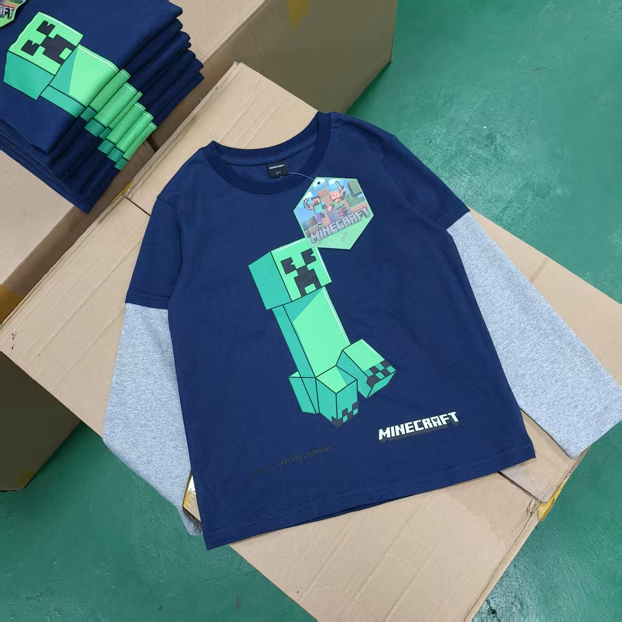 外贸~我的世界假两件儿童藏青色打底衫