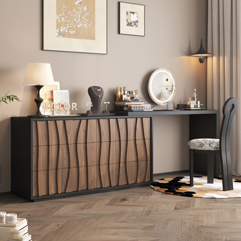 中古风胡桃木梳妆台斗柜一体高级轻奢实木卧室床尾化妆桌化妆台