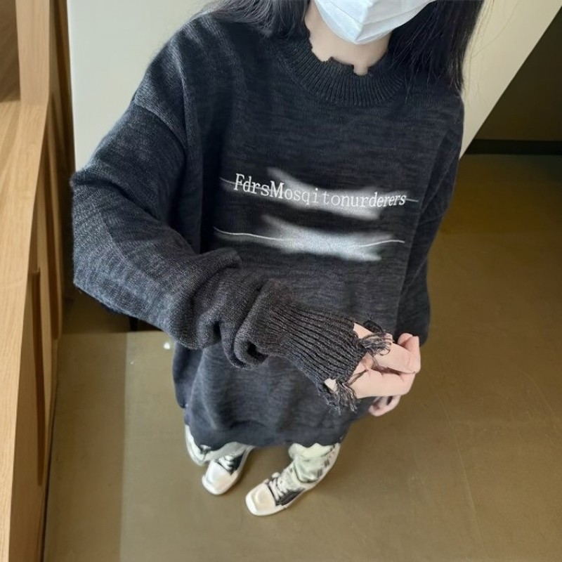 黑色印花针织衫毛衣休闲圆领秋冬字母套头衫常规针织