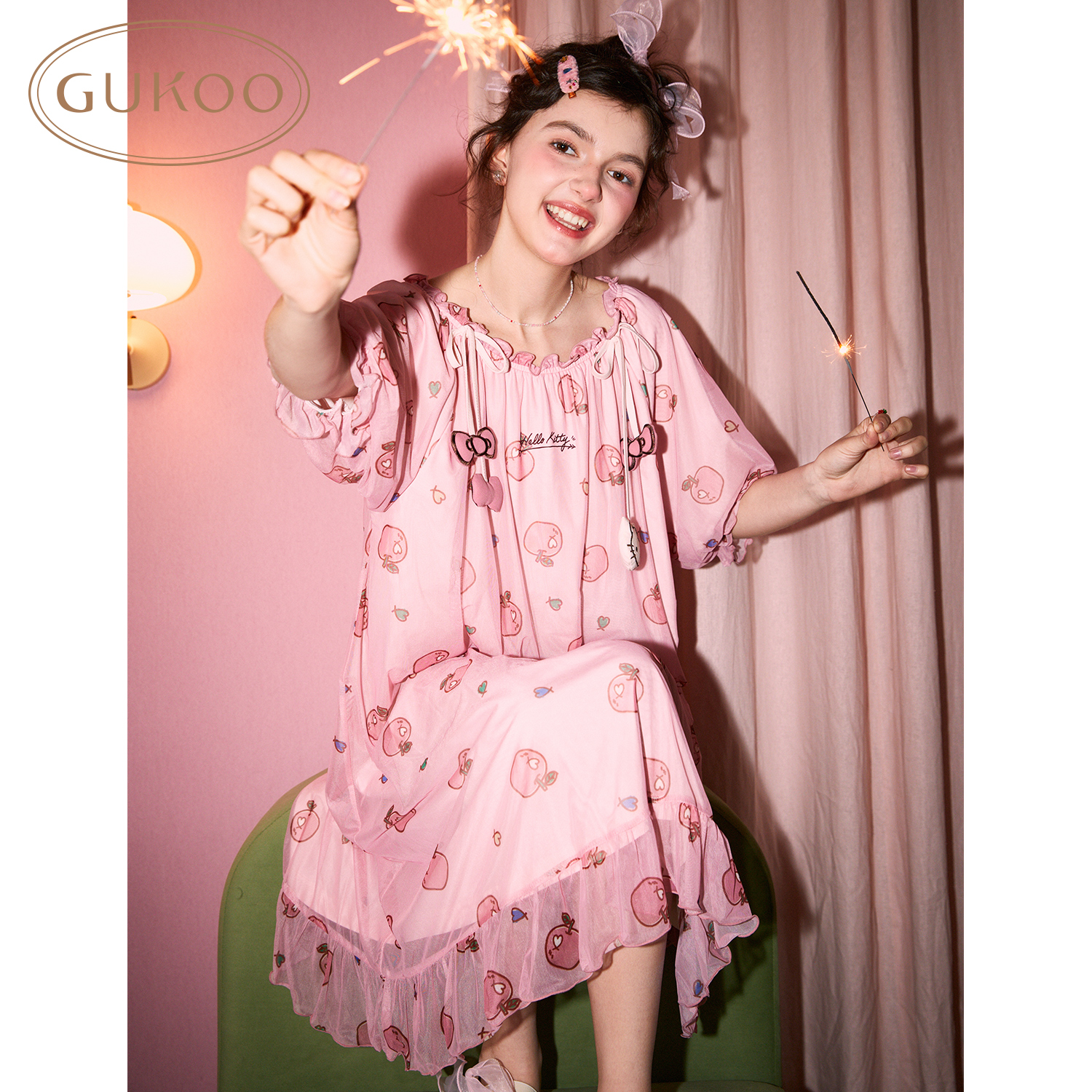 Gukoo/果壳三丽鸥联名睡裙牛奶丝柔软甜美短袖家居服824223403H09