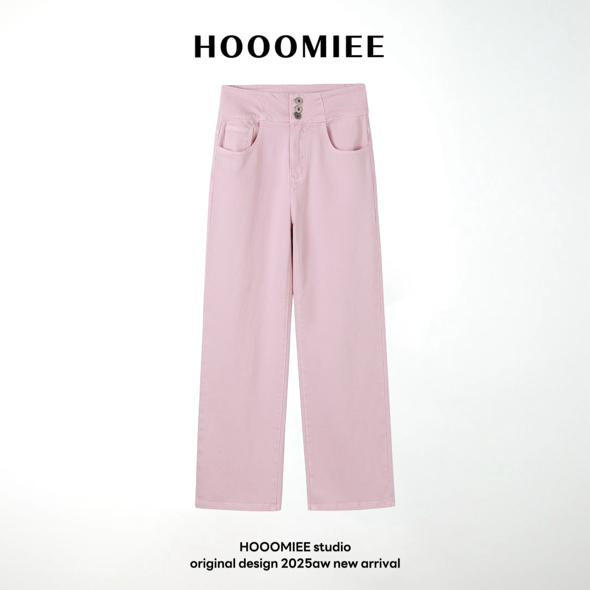 Hooomiee韩系减龄粉色牛仔裤时尚直筒春夏百搭长裤009