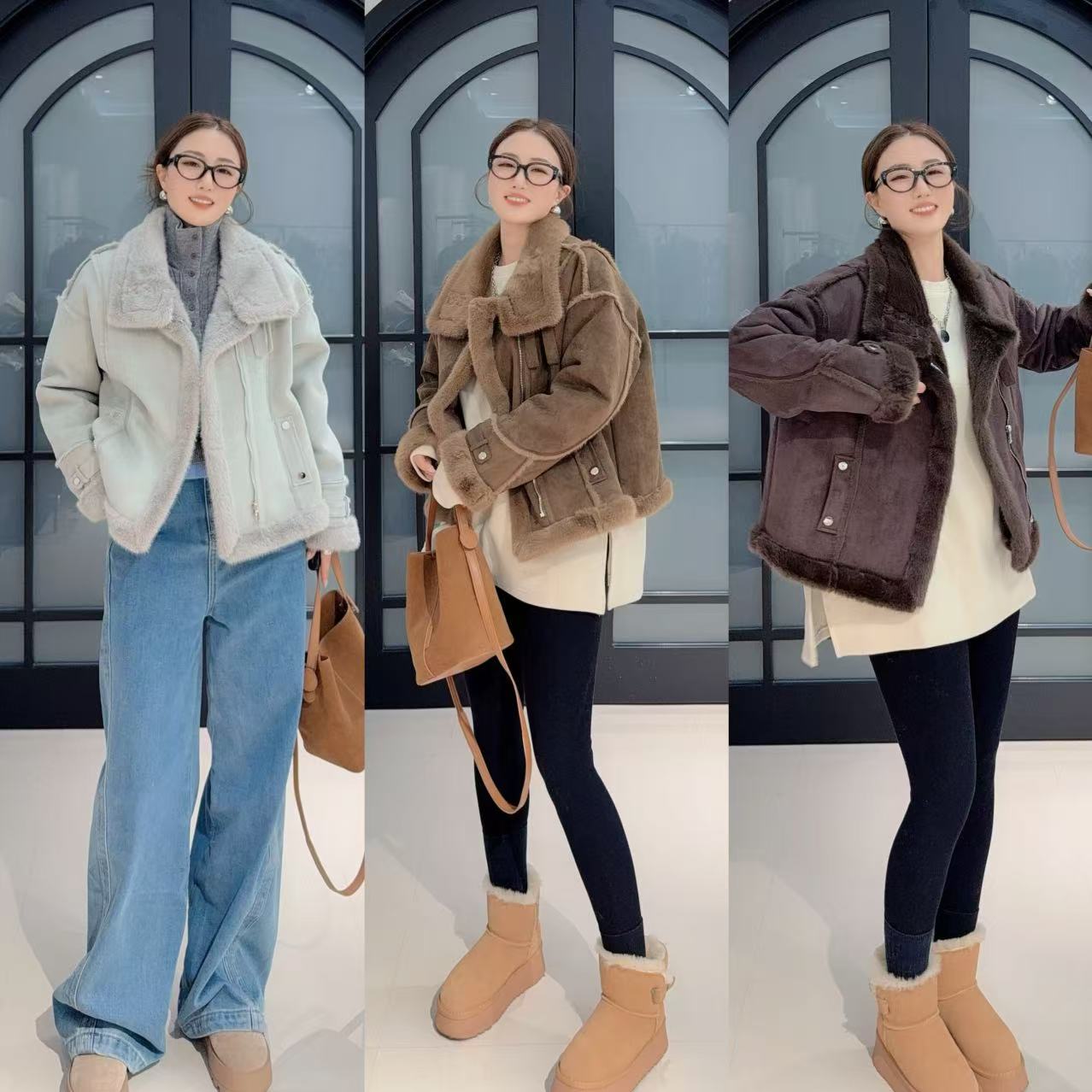 LIN-喃喃《街拍日常》 复古机车风立领麂皮绒一体保暖外套