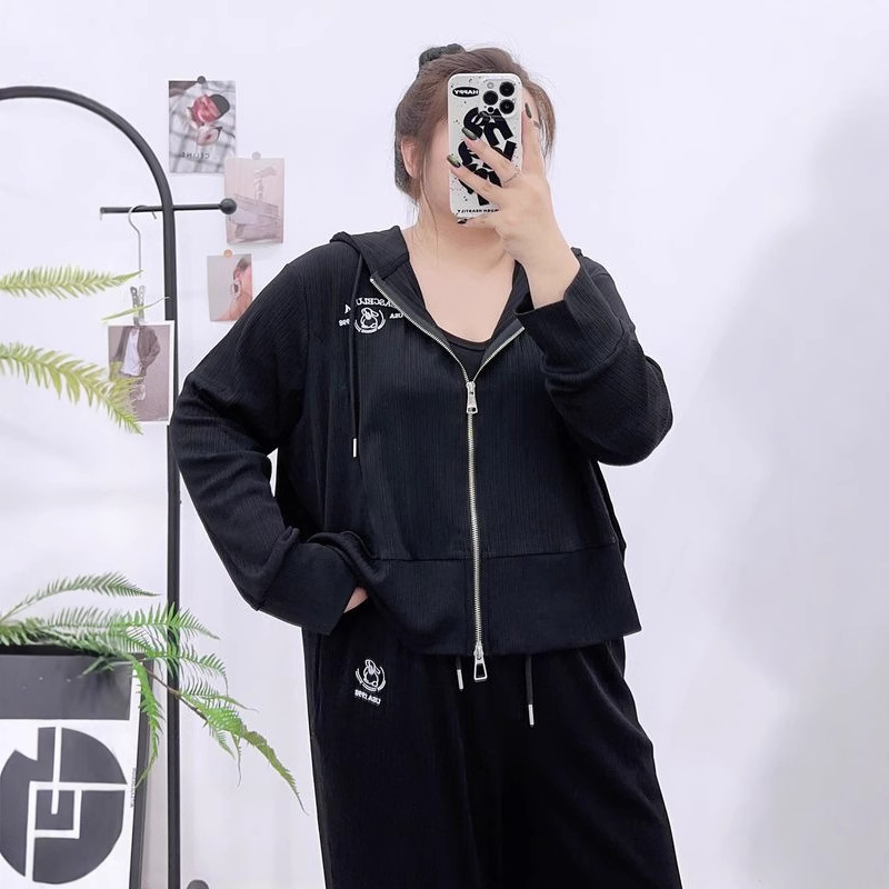 通用款秋季大码女装300斤胖mm显瘦遮肉休闲套装减龄长袖上衣裤子