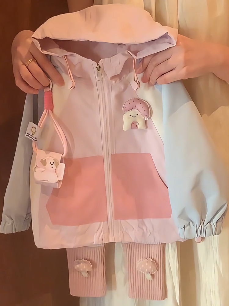 女童套装2025春秋季女宝宝洋气时髦连帽冲锋衣外套休闲裤两件套