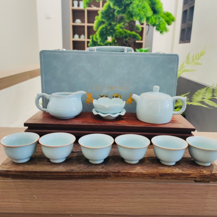 原矿汝瓷天青色纯手工井栏壶茶具套装礼盒装汝窑