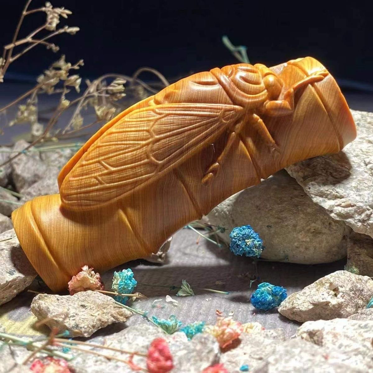 崖柏金蝉抱竹手把件太行红油陈化料一鸣惊人节节高升木雕夏蝉知了