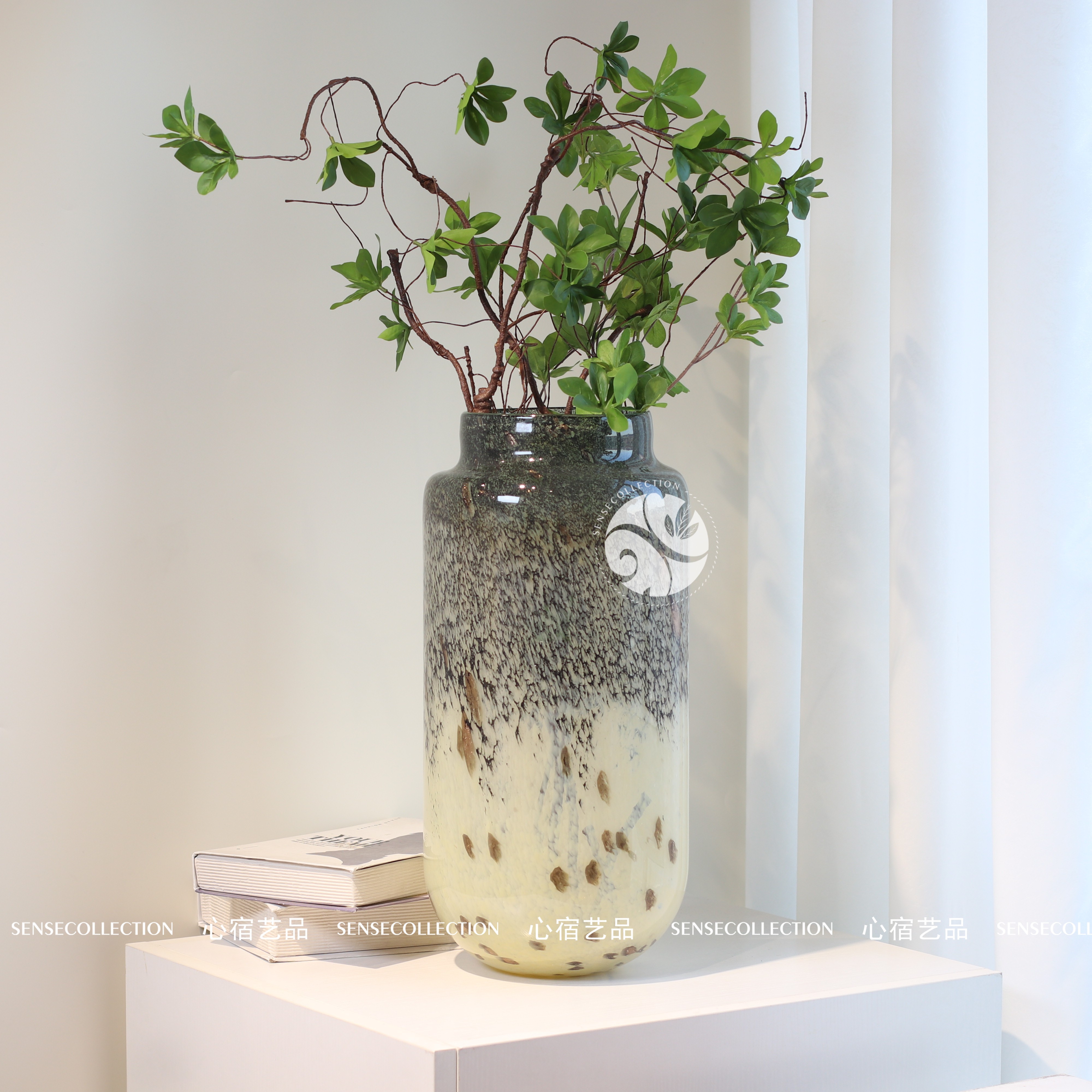 现代简约渐变色琉璃花瓶摆件家居装饰品客厅大开口插花器创意花瓶