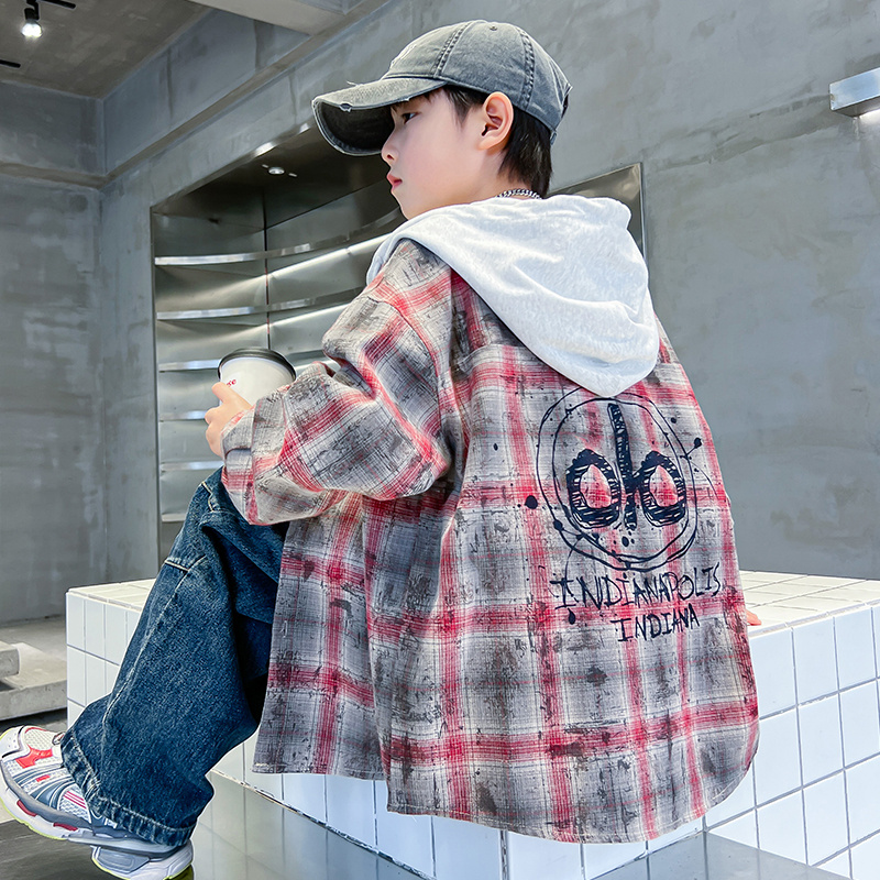 男童秋装新款连帽外套2025帅气儿童春秋季青少年韩版格子衬衫5082