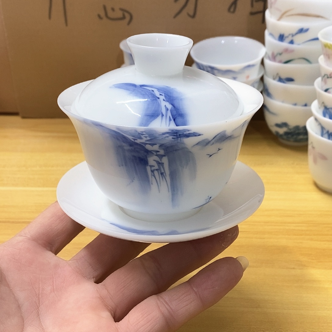 冰种玉瓷手绘盖碗（瑕）160