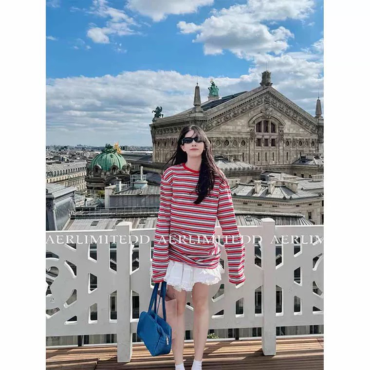 3D韩版宽松型通勤中长款小众条纹春秋T恤长袖秋季