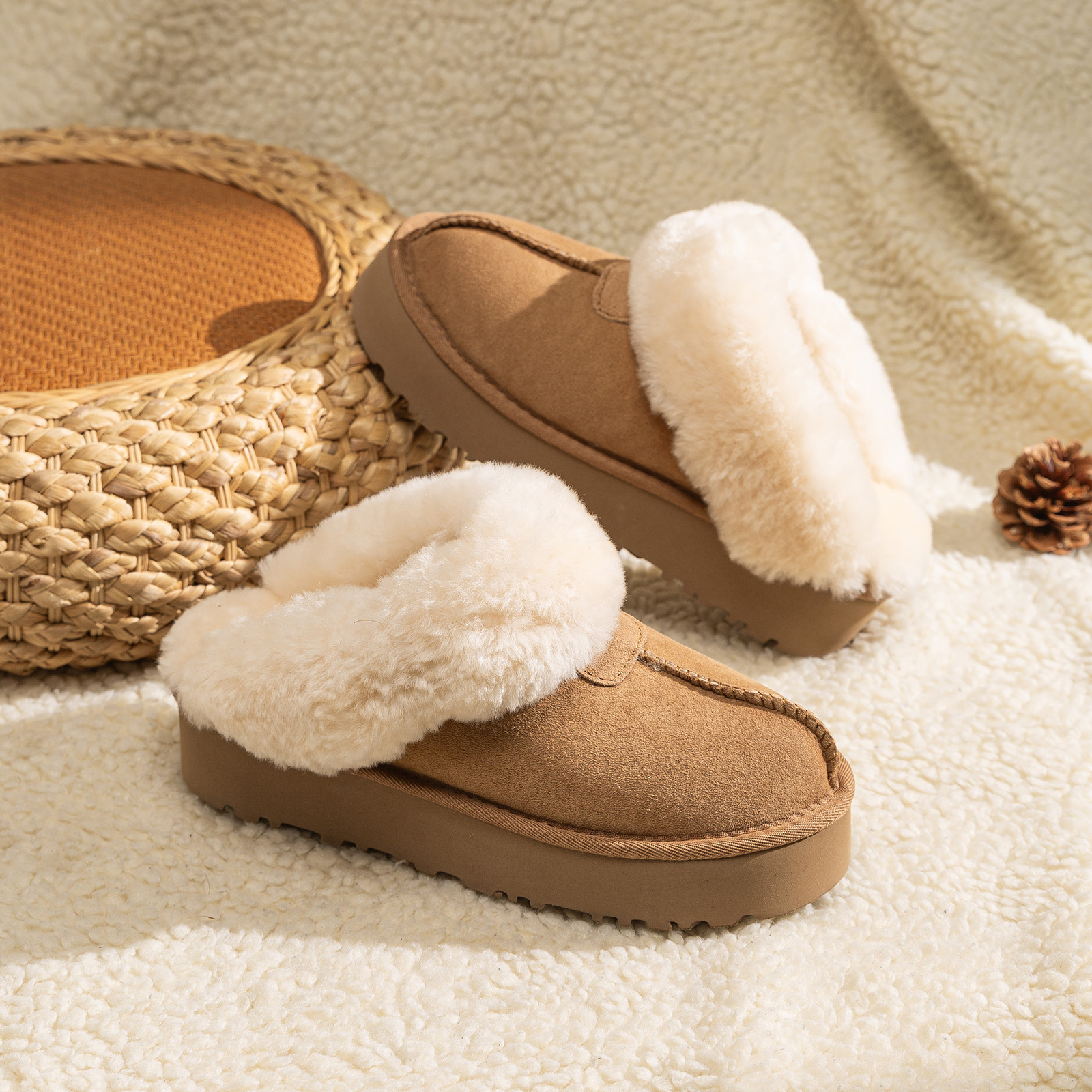 兄妹【星拖厚底4-5公分】千颂伊同款羊皮毛一体厚底包头托鞋