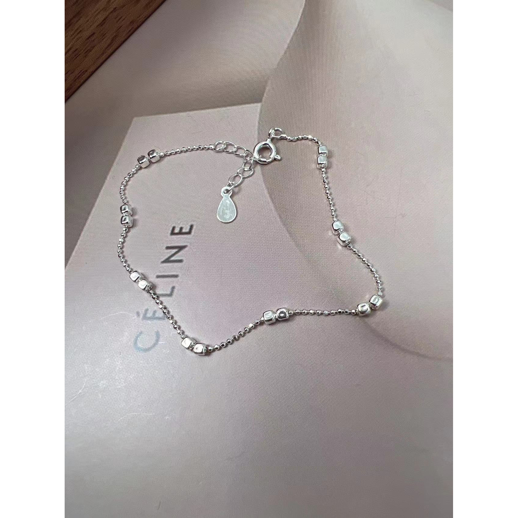 925银手链 通体925银珠珠时尚厂百搭细闪小方糖银手链长度16+2cm