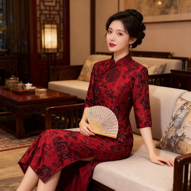 喜婆婆礼服旗袍秋季2025年新款复古中国风暗红色连衣裙268036